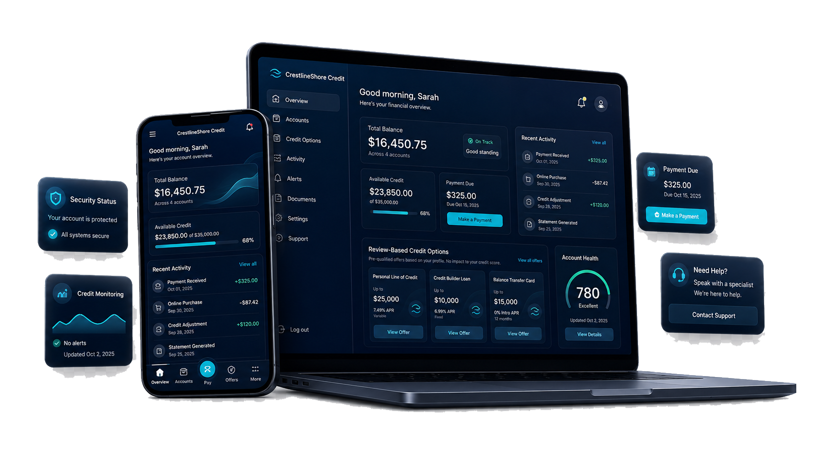 CrestlineShore Credit member dashboard shown across phone and desktop devices